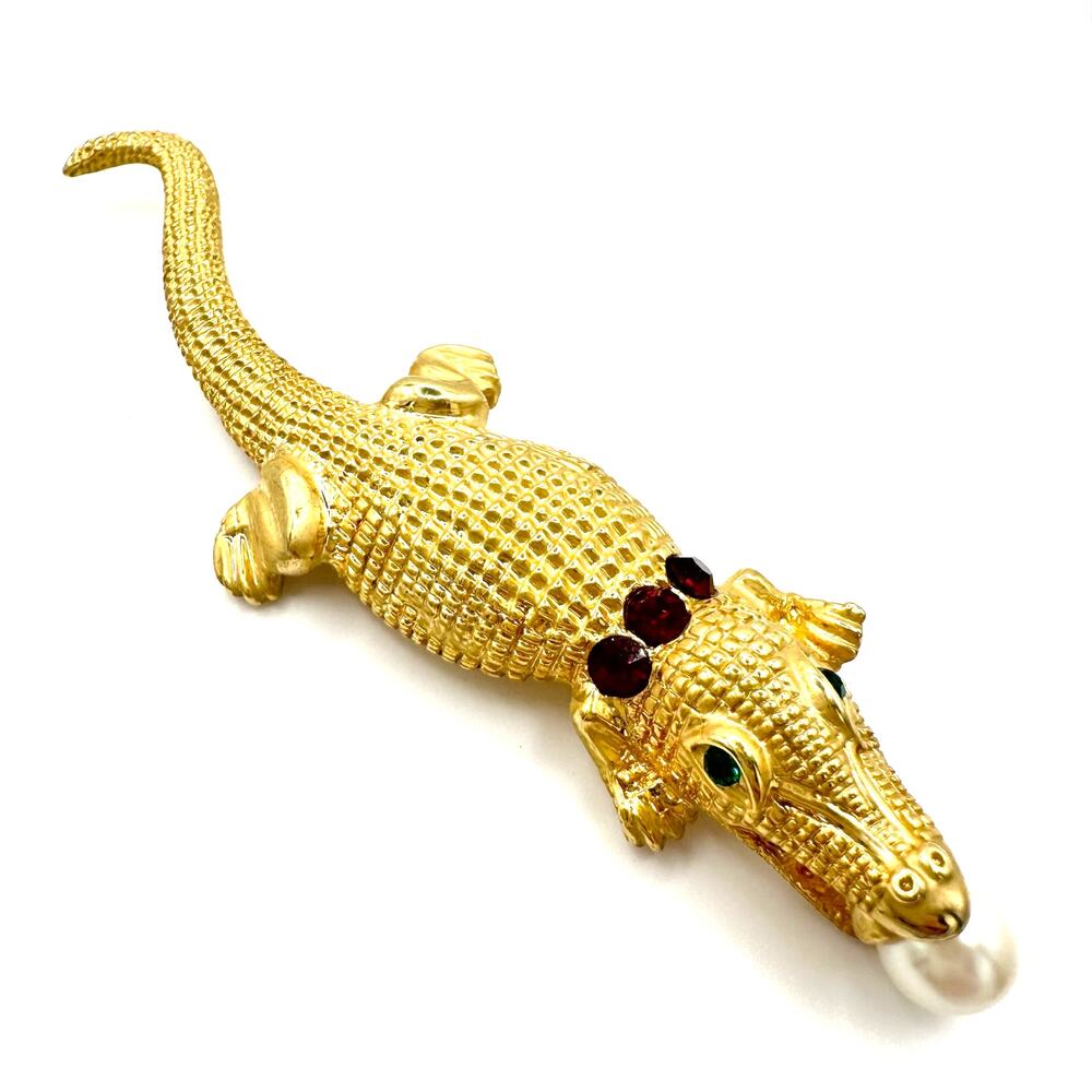 Vintage large gold tone red green rhinestones pearl alligator figural brooch